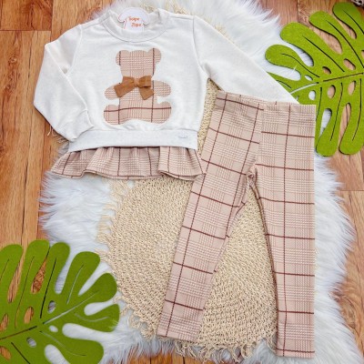 Conj. Casaco de Linho Ursinho de Laço e Calça Legging Xadrez - Areia e Marrom